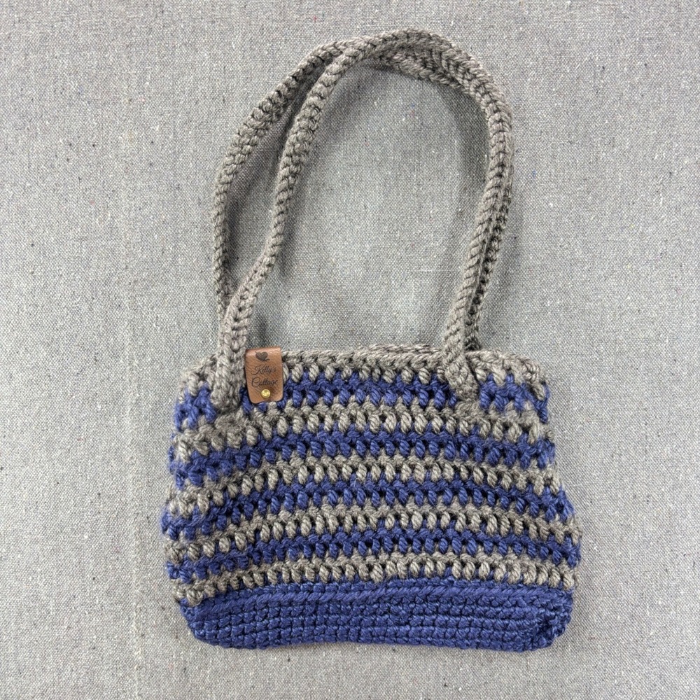 Kelly's Cottagecore Crochet Shoulder Bag W Small Grey Blue Striped Tote Handbag